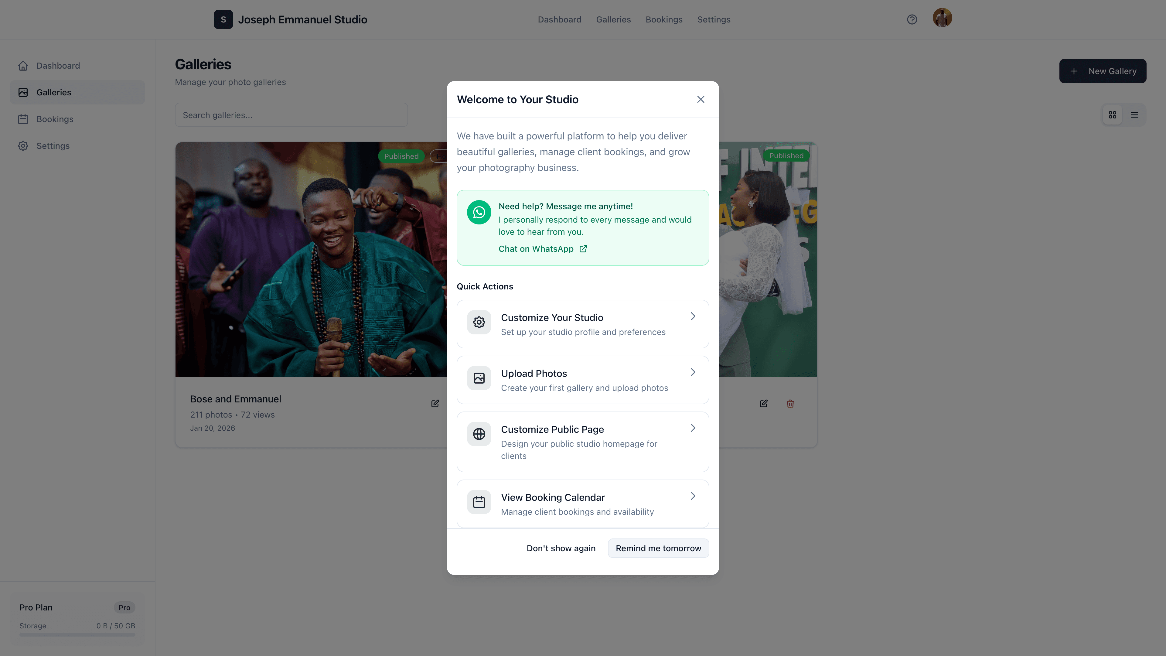 Shuttershow dashboard showing gallery management interface